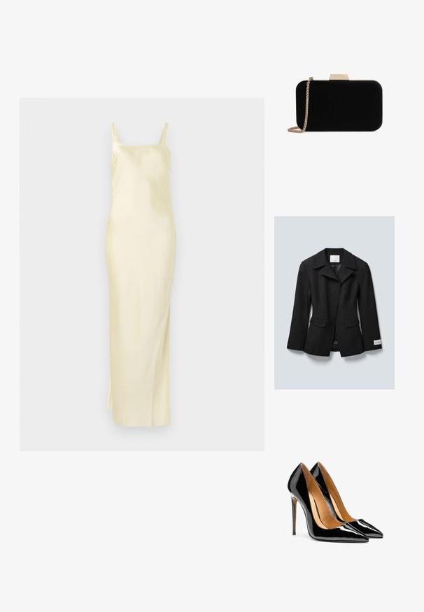 Blazer negro a medida con solapas anchas, dos bolsillos frontales con solapa y una etiqueta de la marca en el puño izquierdo, exhibido sobre un fondo gris claro.; Vestido de satén amarillo con silueta recta, tirantes finos y abertura lateral para mayor facilidad de movimiento. Textura suave y diseño minimalista.; Par de tacones altos de charol negro brillante con punta afilada, tacones de aguja y forro interior color beige sobre fondo blanco.; Clutch de terciopelo negro con herrajes en tono dorado, de forma rectangular y con correa de cadena, que presenta una textura suave y sin patrones visibles.