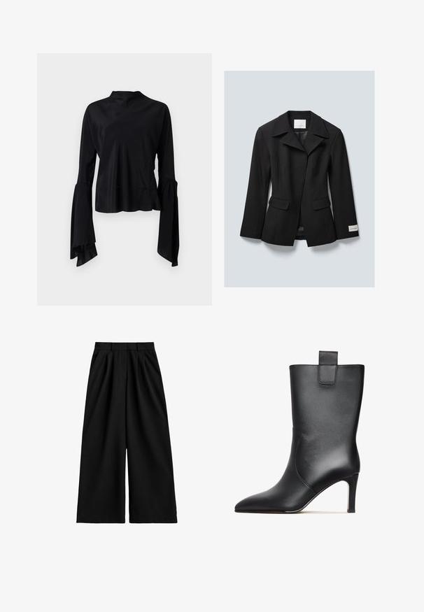 Blazer negro a medida con solapas anchas, dos bolsillos frontales con solapa y una etiqueta de la marca en el puño izquierdo, exhibido sobre un fondo gris claro.; Blusa negra de manga larga hecha de tela suave, con un cuello alto y mangas acampanadas con detalle fruncido en los puños.; Pantalones negros de pierna ancha y cintura alta con pasadores para cinturón, pliegues delanteros y un acabado de tela limpio y suave.; Botín de cuero negro hasta el tobillo con punta afilada, forma elegante, tacón alto y un pequeño lazo en la parte posterior para facilitar su uso. Textura suave.