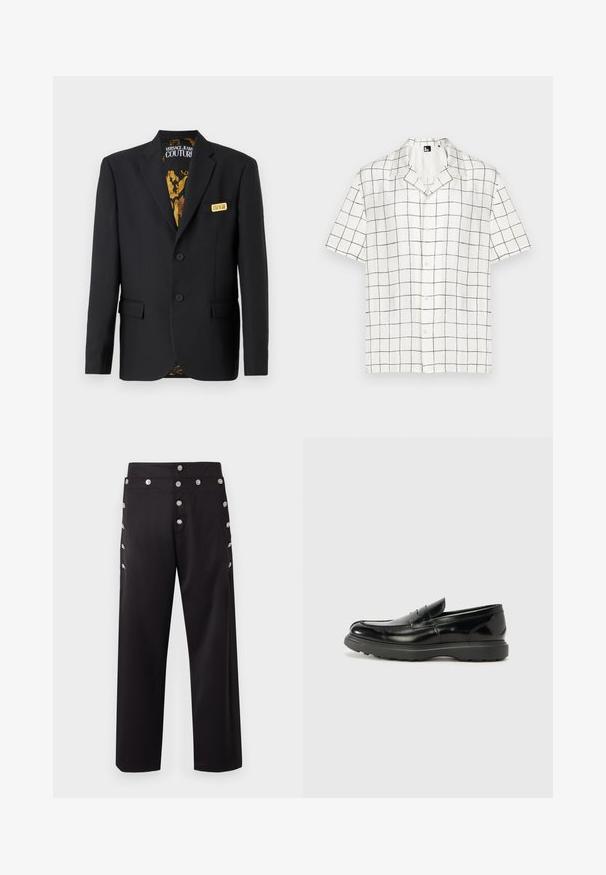 Sort blazer med to knapper, klapkraver, frontlommer og et dekorativt guldlogo-patch. Indersiden har et mønstret guldfor.; Kortærmet, skjortekrave skjorte i hvidt stof med et sort ternet mønster, med knapper foran og en afslappet pasform.; Sorte bukser med lige snit, lavet af glat stof. Pyntet med sølvknapper langs siden for ekstra detalje.; Sort læderloafer med en blank finish, rund tå, subtile syninger og en tyk gummisål for holdbarhed.