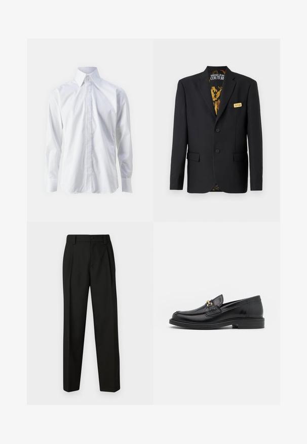 Sort blazer med to knapper, klapkraver, frontlommer og et dekorativt guldlogo-patch. Indersiden har et mønstret guldfor.; Hvid langærmet skjorte lavet af glat stof, med klassisk krave, knaplukning og en diskret broderet logo nederst til venstre.; Sorte skræddersyede bukser lavet af glat stof. Har lige ben, enkelt knappelukning og bæltestropper. Ingen synlige mønstre eller accenter.; Sorte læder loafers med en rund tå, der har guld hardware accent og syningsdetaljer, placeret på en lav, tekstureret gummisål.