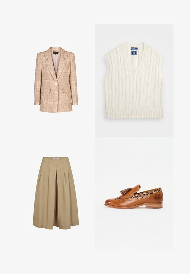 Beige tweed blazer med et tjekket mønster, frontknaplukning og to klaplommer. Har en smal krave og lange ærmer.; Cremefarvet kabelstrikket ærmeløs sweater med V-udskæring og ribbet kant. Har et tekstureret mønster og et logomærkat på udskæringen.; Beige plisseret nederdel med bred kant og en tætsiddende talje. Lavet af letvægtsstof, har en subtil tekstur og rene linjer.; Brune læder loafers med dekorative kvaster og brogue-detaljer. Har en leopardprint foring og en lav træhæl.