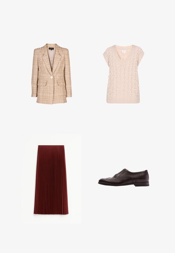 Beige tweed blazer met een geruit patroon, frontknopen, en twee klepzakken. Bevat een ingevallen kraag en lange mouwen.; Gebreide vest in lichtbeige met een V-hals en korte mouwen. Heeft een kabelbreipatroon en pompon-accenten aan de zijkanten.; Plissé midi-rok in diep rood, met een gestructureerde stof en gelijkmatig verdeelde verticale plooien. De zoom valt rond de middenkuit.; Bruine leren schoenen met brogue-details, vetersluiting, ronde neus en een lage gestapelde hak. Gepolijste afwerking en ingewikkelde perforaties.