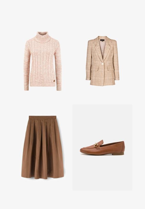 Beige tweed blazer med et tjekket mønster, frontknaplukning og to klaplommer. Har en smal krave og lange ærmer.; Strikket højhalset sweater i blød ferskenfarve med struktureret kabelmønster, lange ærmer og et vævet mærke på kanten.; Brun plisseret knælængde nederdel med en tætsiddende talje, lavet af let stof, vist mod en hvid baggrund.; Brune læder loafers med en rund tå, featuring en dekorativ guldfarvet hardware accent. Flad sål og glat finish.