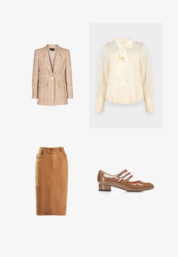 Blazer de tweed beige con un patrón de cuadros, cierre frontal con botones y dos bolsillos de solapa. Presenta un cuello con muesca y mangas largas.; Blusa color crema clara hecha de encaje con un detalle de lazo en el cuello, mangas largas transparentes y puños abotonados. Patrón floral texturizado en toda la prenda.; Falda lápiz de ante marrón con cintura alta, cierre de botones en el frente, dos bolsillos laterales y detalles de costura vertical. Textura suave.; Zapato Mary Jane de charol marrón con tres correas ajustables con hebilla y un tacón bajo de bloque.