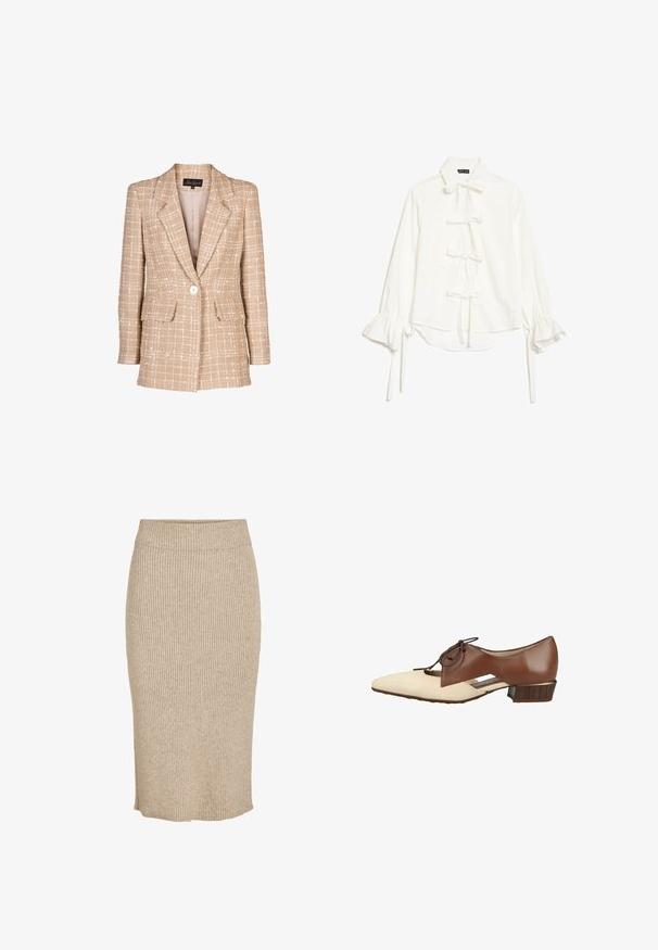 Blazer de tweed beige con un patrón de cuadros, cierre frontal con botones y dos bolsillos de solapa. Presenta un cuello con muesca y mangas largas.; Blusa blanca con mangas largas con volantes y cinco lazos delanteros atados, con cuello clásico y dobladillo ligeramente asimétrico.; Falda de punto en color beige claro con textura de canalé vertical, de longitud a la rodilla, con cintura elástica y corte recto.; Hispanitas Zapatos de vestir - dunkelbraun c