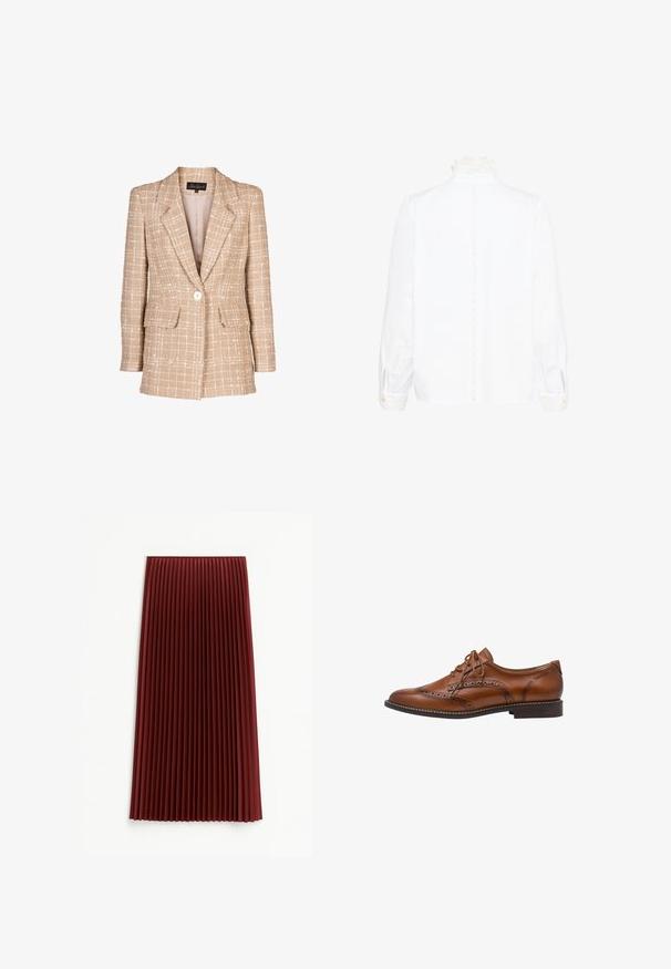 Beige tweed blazer met een geruit patroon, frontknopen, en twee klepzakken. Bevat een ingevallen kraag en lange mouwen.; Witte blouse met lange mouwen, voorzien van een kanten hoge kraag en manchetten, met een verticale kanten bies langs de achterkant in het midden.; Plissé midi-rok in diep rood, met een gestructureerde stof en gelijkmatig verdeelde verticale plooien. De zoom valt rond de middenkuit.; Bruine leren brogue oxford schoen met wingtip-details, perforaties, veters en lage gestapelde hak op een witte achtergrond.