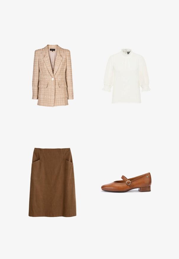 Beige tweed blazer met een geruit patroon, frontknopen, en twee klepzakken. Bevat een ingevallen kraag en lange mouwen.; Witte blouse met driekwart pofmouwen, geplooide manchetten en een hoge geplooide kraag, effen voorkant met subtiele stippenstructuur.; Bruine katoen rok met een aansluitende taille, twee zijzakken en een rechte snit. De stof heeft een zachte textuur en een subtiele glans.; Bruine leren Mary Jane-schoen met lage blokhak en verstelbare gesp op witte achtergrond.
