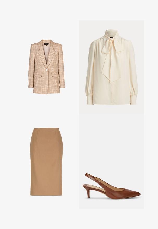 Beige tweed blazer med et tjekket mønster, frontknaplukning og to klaplommer. Har en smal krave og lange ærmer.; Langærmet bluse i cremefarve med høj krave og stor bundet sløjfe ved halsen, med rynkede skuldre og knapmanchetter.; Beige knælængde blyantsnederdel med høj talje og subtile sømdetaljer foran.; Brun lædersko til kvinder med slingback, spids tå og lav kittenhæl på hvid baggrund.
