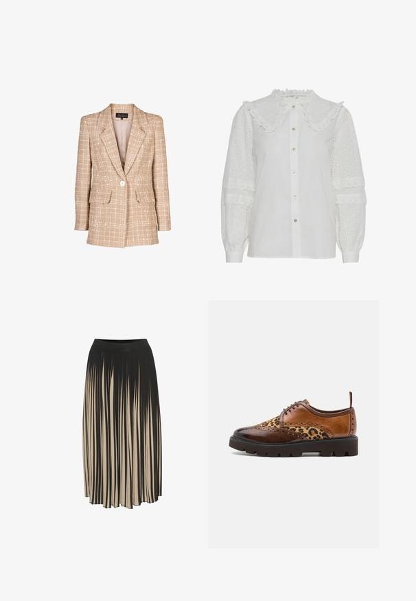 Beige tweed blazer met een geruit patroon, frontknopen, en twee klepzakken. Bevat een ingevallen kraag en lange mouwen.; Witte blouse met een gerimpelde kraag, knopen aan de voorkant en geborduurd opengewerkt detail op de pofmouwen. Heeft een subtiele glans en een zachte textuur.; Plissé midi rok in zwart en beige met een hoge elastische tailleband, voorzien van verticale strepen en een vloeiende stijl voor beweging.; Bruine leren veterschoen met leopardprintaccenten, zowel gladde als gestructureerde oppervlakken, een ronde neus en een dikke, robuuste zool.