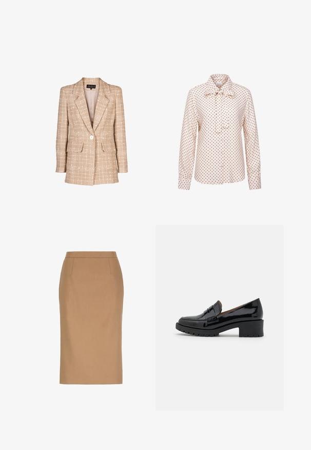 Blazer en tweed beige avec un motif à carreaux, fermeture à boutons à l'avant et deux poches à rabat. Dispose d'un col à revers et de manches longues.; Blouse rose clair à manches longues avec des pois noirs, boutons devant et un nœud noué au col.; Jupe crayon beige mi-longue à la taille haute avec des détails subtils de coutures sur le devant.; Mocassins en cuir verni noir avec un petit talon épais, présentant un détail de sangle sur le devant et une semelle en caoutchouc texturé pour une meilleure adhérence.