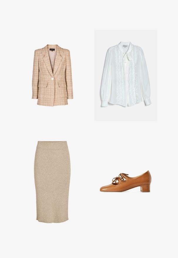 Blazer de tweed beige con un patrón de cuadros, cierre frontal con botones y dos bolsillos de solapa. Presenta un cuello con muesca y mangas largas.; Blusa blanca de manga larga con volantes verticales, cierre de botones en la parte delantera, mangas con puños y un lazo atado en el cuello.; Falda de punto en color beige claro con textura de canalé vertical, de longitud a la rodilla, con cintura elástica y corte recto.; Zapato marrón de cuero con tacón bajo, dos recortes con lazos en el empeine, punta redondeada y tacón de bloque, mostrado de perfil sobre fondo blanco.