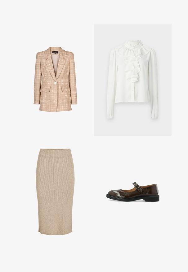 Beige tweed blazer med et tjekket mønster, frontknaplukning og to klaplommer. Har en smal krave og lange ærmer.; Hvid bluse med lange ærmer, høj flæsekrave og flæse detalje foran. Stof ser glat ud med en let glans og knaplukning.; Strik nederdel i en lys beige farve med lodret ribbestruktur, knælang med elastisk talje og lige skæring.; Mørkebrune skind Mary Jane-sko i lak med rund tå, sølv spænde og lav sort hæl, vist på hvid baggrund.