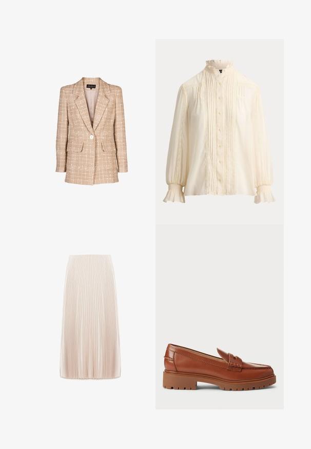 Beige tweed blazer met een geruit patroon, frontknopen, en twee klepzakken. Bevat een ingevallen kraag en lange mouwen.; Crème gekleurde blouse met lange mouwen, gerimpelde kraag en manchetten, knoopsluiting aan de voorkant, verticale plooien en kanten details.; Plissé midi rok in een lichtbeige kleur, gemaakt van een gladde stof, met smalle verticale plooien en een elastische tailleband.; Bruine leren instappers met een moccasin teenontwerp, zichtbare stiksels en een chunky, gestructureerde rubberen zool. Accenten van goudkleurig beslag.