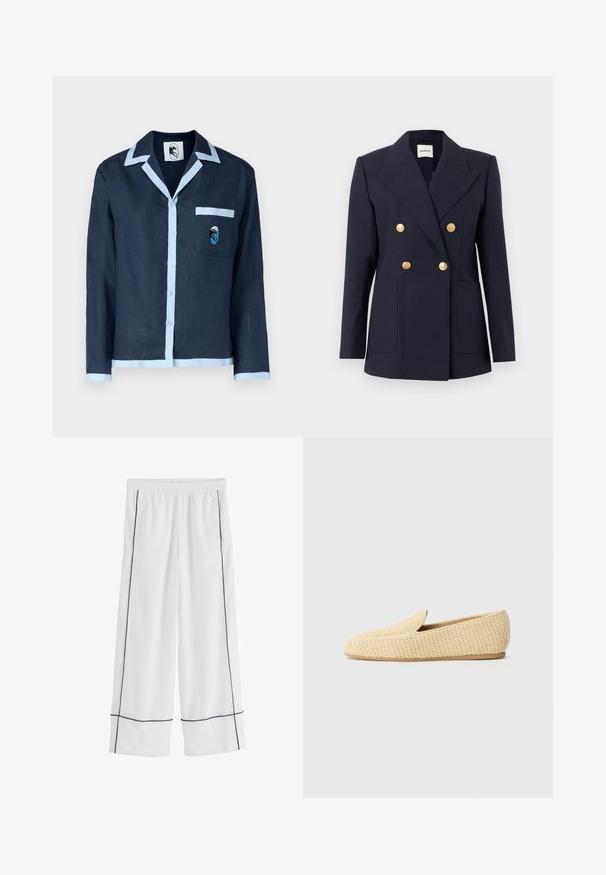 Laivastonsininen kaksirivinen bleiseri leveillä kauluskäänteillä, neljällä kultaisella koristenapilla ja kahdella etutaskulla, istuva malli.; Navy-linned shirts med lyseblå krave og lommebånd. Har en brystlomme med et broderet design. Knaplukning ned foran.; Valkoiset leveälahkeiset housut, joissa on joustava vyötärönauha ja kontrastiväriset mustat koristesaumat sivusaumoissa ja lahkeen alareunassa.; Stuart Weitzman LEE - Loaferit/pistokkaat - natural/vanilla