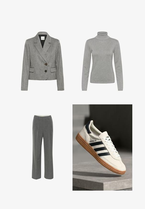 Blazer gris à motif pied-de-poule avec col cranté, fermeture à double bouton et deux poches avant. Tissu texturé avec une coupe structurée.; Pull encolure montant gris en tissu tricoté doux, avec des manches longues et un col côtelé, présentant une texture lisse et une coupe ajustée.; Pantalons gris à rayures fines avec une coupe ajustée, un devant plat et un design à jambe large. Fabriqués en tissu lisse et léger.; Baskets en daim blanc avec des bandes navy, semelle en caoutchouc gomme, tige texturée, bout rond et lacets ; arbore un logo sur le côté et sur la languette.