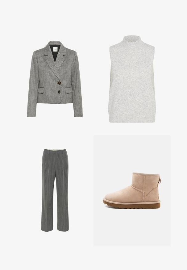 Blazer gris à motif pied-de-poule avec col cranté, fermeture à double bouton et deux poches avant. Tissu texturé avec une coupe structurée.; Pull à col roulé sans manches gris clair fabriqué en tissu doux, avec une texture côtelée et un ourlet droit. Pas de motifs ni de matériel visible.; Pantalons gris à rayures fines avec une coupe ajustée, un devant plat et un design à jambe large. Fabriqués en tissu lisse et léger.; Bottine en daim beige à bout arrondi, avec des accents cousus et une semelle en caoutchouc brun texturé. Elle se distingue par une languette à l'arrière.