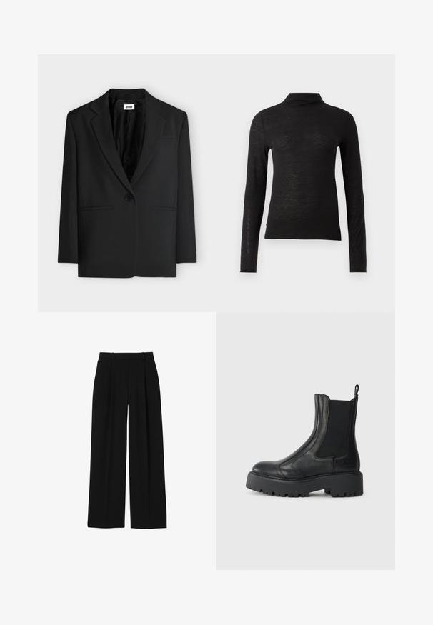 Schwarzer Ein-Knopf-Blazer mit Kerbkragen und zwei vorderen Leistentaschen, vor einem schlichten weißen Hintergrund hängend.; Schwarzes langärmliges Turtleneck-Oberteil aus einem strukturierten Material, mit schlankem Schnitt und minimalistischer Gestaltung ohne sichtbare Muster oder Hardware.; Schwarze Hose mit hoher Taille, weitem Bein, Gürtelschlaufen und vorderen Bügelfalten, dargestellt auf weißem Hintergrund.; Schwarze Lederknöchelstiefel mit elastischen seitlichen Einsätzen, einer abgerundeten Spitze und einer grob strukturierten Gummisohle. Mit einem Ziehschlaufen an der Rückseite.