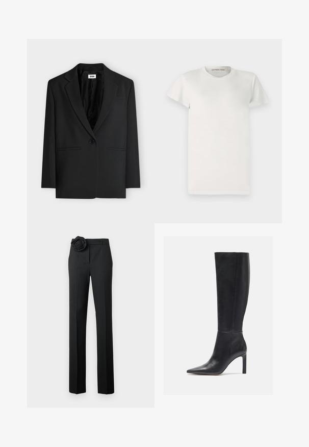 Sort enkelt-knap blazer med notch revers og to forlommer med paspel, hængende mod en enkel hvid baggrund.; Hvid kortærmet t-shirt lavet af bomuld med rund halsudskæring og enkel snit. Der er tags med "DESIGNERS REMIX" indeni kraven.; Sorte bukser med en skræddersyet pasform, prydet med en stofrose accent ved taljen, lige ben og en glat tekstur.; Knæhøje sorte læder stiletto støvler med spids tå og glat tekstur, der har et slankt design og minimal syning.