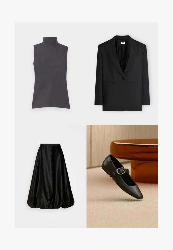 Sort enkelt-knap blazer med notch revers og to forlommer med paspel, hængende mod en enkel hvid baggrund.; Ærmeløs top i mørkegrå, med høj krave, rene linjer og en glat tekstur. Simpelt design uden mønstre eller udsmykninger.; Sort satin midi-nederdel med en voluminøs, ballonform. Glat tekstur og en tætsiddende talje, designet til en svævende silhuet.; Sort Mary Jane flatsko i læder med sølvspænde, vist på beige tæppe nær en brun rund bordfod.