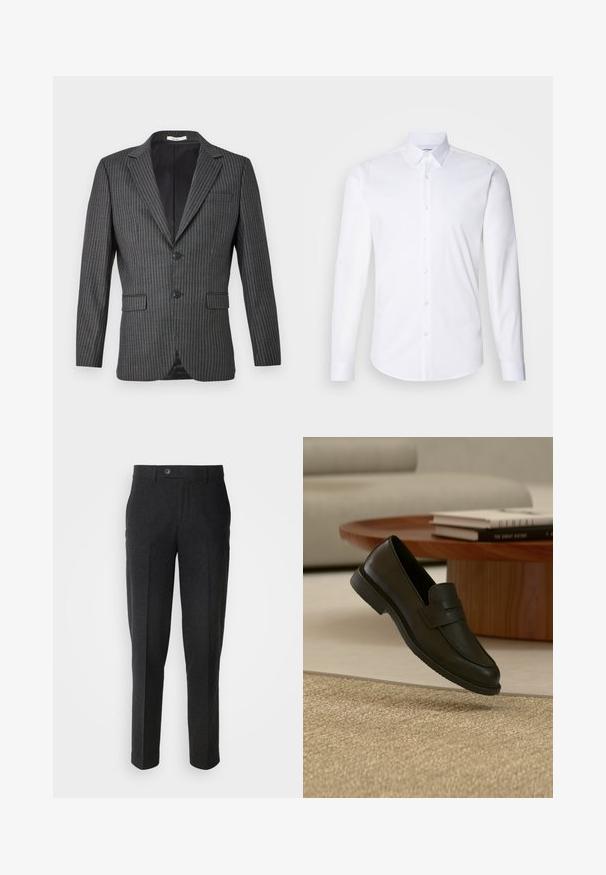 Grijs gestreepte blazer met twee knopen, notch-lapel en twee voorkruippockets; heeft fijne witte verticale lijnen op een donkere stof.; Witte lange mouwen knoopshirt gemaakt van gladde katoenstof, met een klassieke kraag, knoopsluiting en een gebogen zoom.; Lindbergh Broek - black melange; Zwarte leren loafer schoen getoond in de lucht boven een beige geweven tapijt, met een houten tafel en gestapelde boeken in een zacht verlichte woonkamer.