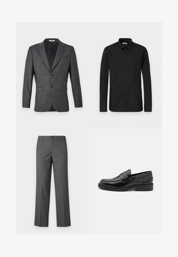 Blazer gris a rayas con dos botones, solapas con muesca y dos bolsillos frontales; presenta finas líneas verticales blancas sobre una tela oscura.; Camisa de botón negra de manga larga con collar clásico, hecha de una tela suave, con botones frontales y un diseño de corte regular.; Pantalones gris claro a medida, hechos de un tejido texturizado, con piernas rectas, cierre de botón y trabillas para cinturón. Sin patrones ni acentos visibles.; Mocasines de cuero negro con un acabado suave, punta redondeada, tacón bajo y costura decorativa en la parte delantera. Suela de goma para mayor agarre.