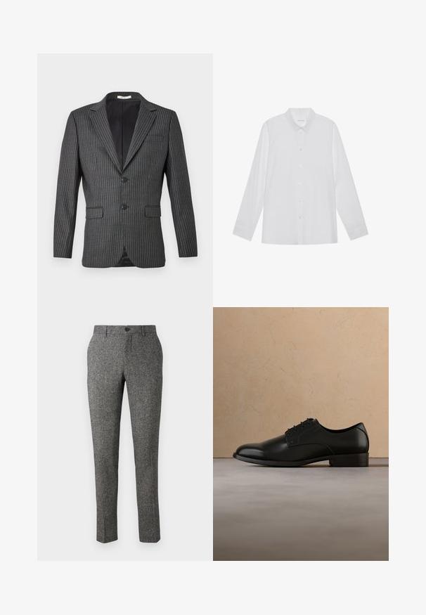 Grau gestreifte Blazer mit zwei Knöpfen, Reverskragen und zwei vorderen Taschen; zeichnet sich durch feine weiße vertikale Linien auf einem dunklen Stoff aus.; Weiße Langarmbluse aus glattem Stoff, mit spitzem Kragen, Knopfleiste vorne und Ein-Knopf-Manschetten.; Lindbergh PANTS - Stoffhose - brown; Schwarzer Lederschuh schwebt über einem beigen gewebten Teppich, im Hintergrund unscharf ein runder Couchtisch aus Holz und gestapelte Bücher.