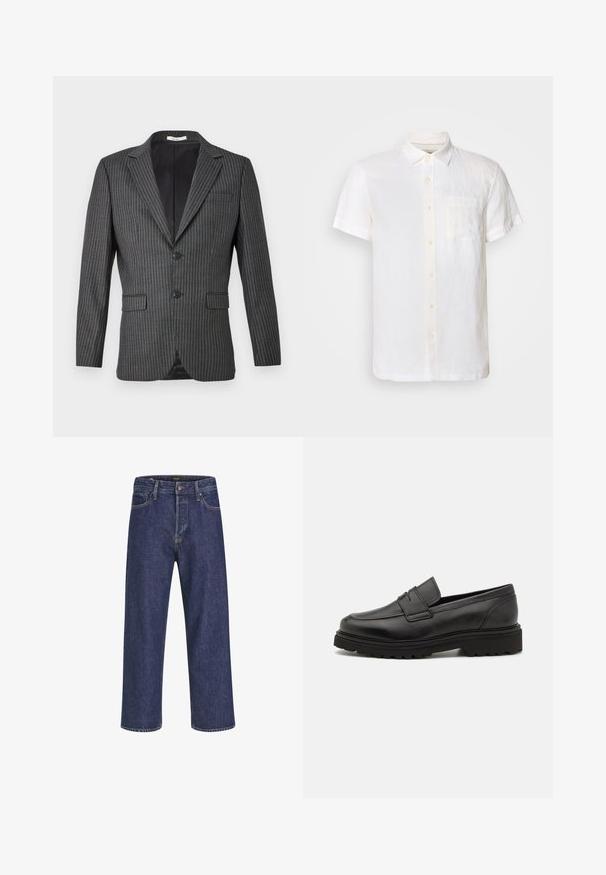 Grau gestreifte Blazer mit zwei Knöpfen, Reverskragen und zwei vorderen Taschen; zeichnet sich durch feine weiße vertikale Linien auf einem dunklen Stoff aus.; Scotch & Soda CORE SHIRT - Hemd - off white; Dunkelblaue Denim-Jeans mit geradem Schnitt, Fünf-Taschen-Design, Metallknopfverschluss und kontrastierenden Nähten, die eine dezente Textur aufweisen.; Schwarze Lederloafer mit runder Zehenpartie, genähten Details und einer dicken, strukturierten Sohle. Verfügt über ein schlankes, minimalistisches Design.