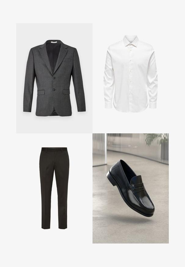 Grijs gestreepte blazer met twee knopen, notch-lapel en twee voorkruippockets; heeft fijne witte verticale lijnen op een donkere stof.; Wit herenshirt met lange mouwen, een puntige kraag en een rij witte knopen aan de voorkant op een effen achtergrond.; Op maat gemaakte donkergrijze broek met een zachte textuur, een platte voorkant en een standaard tailleband. Bevat riemlussen en subtiele stikdetails.; Zwarte leren loafers met een gladde afwerking, een afgeronde neus, decoratieve stiksels en een licht verhoogde zool.