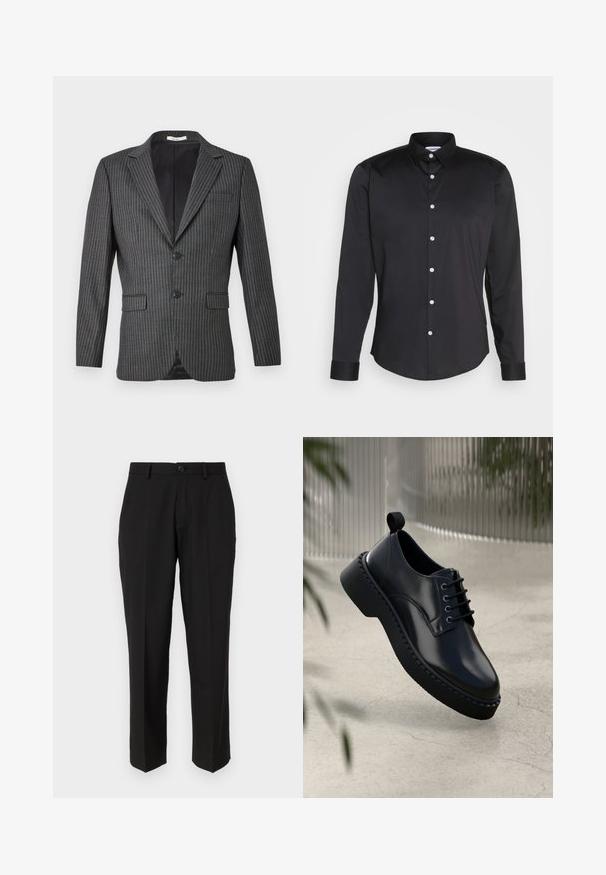 Blazer gris a rayas con dos botones, solapas con muesca y dos bolsillos frontales; presenta finas líneas verticales blancas sobre una tela oscura.; Camisa negra de manga larga hecha de tela suave, con cuello puntiagudo, cierre frontal de botones con botones blancos y puños de un solo botón.; Pantalones negros de tela suave, con un diseño de pierna recta, bolsillos delanteros, un cierre de botón y sin patrones visibles.; Zapato de piel negra con punta redondeada, diseño con cordones y suela de goma gruesa con un borde texturizado. Acabado elegante y hardware minimalista.