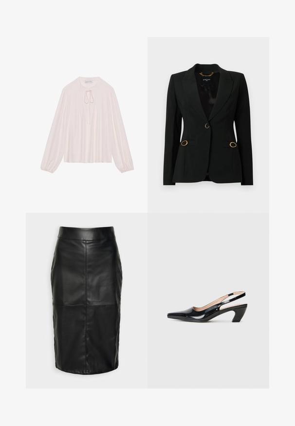 Zwarte blazer met een slank ontwerp, éénknopsluiting, twee zijzakken met gouden accenten en opstaande revers. Glad stoffen oppervlak.; Lichtroze blouse met lange mouwen, een keyhole halslijn met strik, geplooide voorkant en bijeengebonden manchetten. Glad materiaal, losse pasvorm en minimalistisch ontwerp.; Zwarte leren rok met een gladde textuur, voorzien van een hoge tailleband en gestikte naden die een subtiele, gestructureerde vorm creëren.; Zwarte gepatineerde leren slingback schoenen met een spitse neus, lage blokhak en uitsnijdingen aan de zijkanten. Gladde textuur en eenvoudige lijnen.