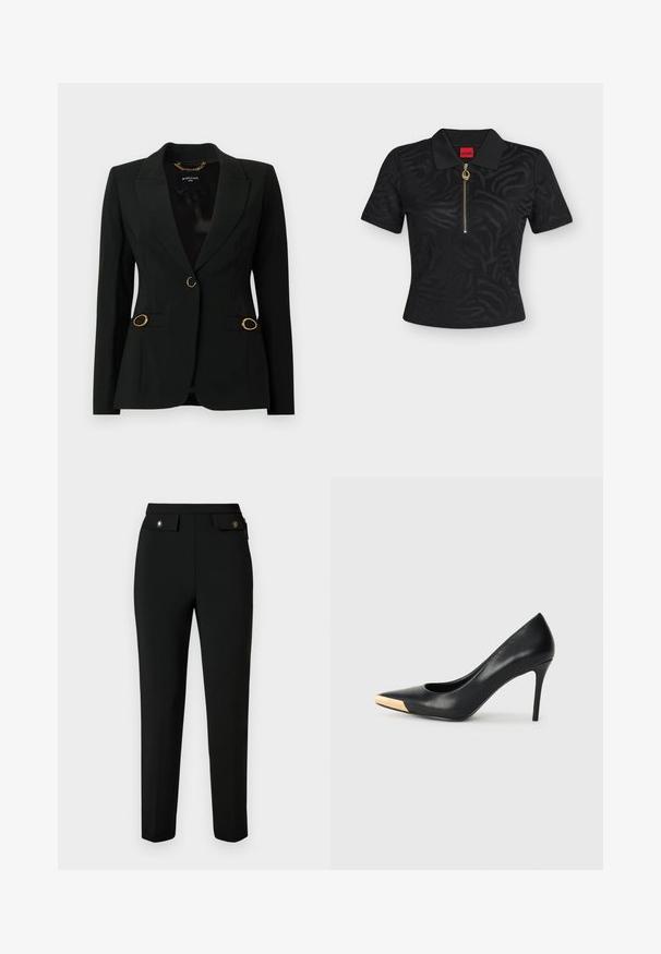 Schwarzer Blazer mit elegantem Design, einreihiger Knopfverschluss, zwei Seitentaschen mit goldenen Akzenten und Revers mit Kerbkragen. Glatte Stoffstruktur.; Schwarzes kurzärmeliges Poloshirt mit dezentem Zebramuster, goldfarbenem Reißverschluss mit rundem Zug und rotem Markenetikett im Krageninneren.; Schwarze maßgeschneiderte Hose aus glattem Stoff, mit geradem Schnitt, zwei vorderen Taschen mit Klappen und Akzenten aus Goldton.; Schwarzer Leder-Pumps mit hohen Absätzen und spitzem Zehenbereich; verfügt über einen metallisch goldenen Akzent auf der Zehenkappe. Glatte Oberfläche mit einem eleganten Design.