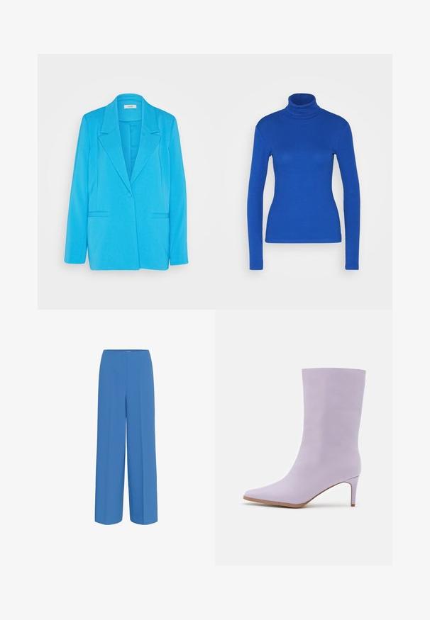 mbyM MAETTA - Blejzer - malibu blue; Modrý dlhý rukáv turtleneck top vyrobený z rebrového materiálu, s priliehavým strihom a hladkou textúrou. Žiadne ďalšie detaily nie sú prítomné.; Modré široké nohavice vyrobené z hladkej tkaniny, s predným záhybom a plochým pásom bez viditeľných zapínaní.; Even&Odd by Zalando Čižmy - purple