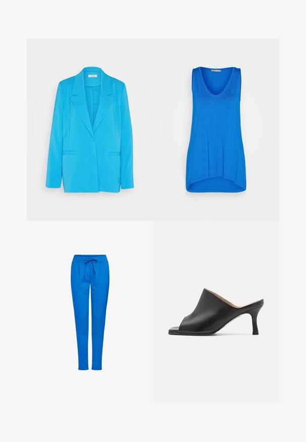 mbyM MAETTA - Blazer - malibu blue; Anna Field by Zalando Top - blue; Pantalones de chándal azules hechos de tejido suave, con cinturilla elástica y cordón, dos bolsillos frontales y un diseño de pierna ajustada.; Selected ASHLEY - Mules de tacón - black