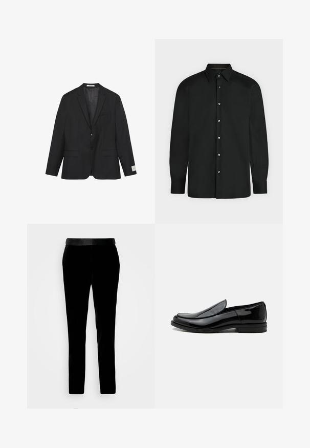 Blazer negro de dos botones con solapas con muesca, dos bolsillos delanteros con solapa y un bolsillo en el pecho, mostrado sobre un fondo blanco.; Camisa negra de manga larga con botones, cuello puntiagudo y puños abotonados, mostrada sobre un fondo claro y liso.; Pantalones de terciopelo negro con un ajuste entallado, textura suave y cinturilla a juego. Cuentan con perneras rectas y bolsillos laterales.; Zapato de vestir negro de piel brillante tipo slip-on con tacón bajo y punta redondeada, visto de lado sobre un fondo blanco liso.
