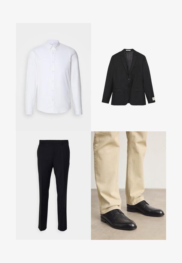 Zwarte tweeknoops blazer met inkeping revers, twee klepzakken aan de voorkant en een borstzak, getoond op een witte achtergrond.; Witte langharige overhemd met knopen gemaakt van een gladde stof, met een klassieke kraag, acht knopen aan de voorkant en standaard manchetten.; Zwarte broeken gemaakt van geweven stof, met een getailleerde pasvorm, een vlakke voorkant, zijzakken en een rechte pijpdesign.; Zwarte leren veterschoenen met een ronde neus, een gladde afwerking en subtiele stikdetails, gedragen met lichtbeige broeken.