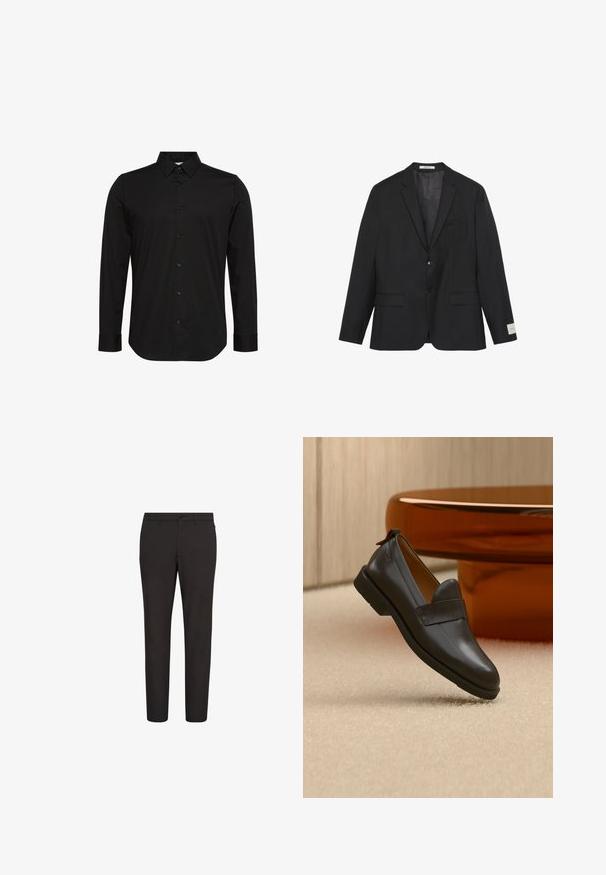 Blazer negro de dos botones con solapas con muesca, dos bolsillos delanteros con solapa y un bolsillo en el pecho, mostrado sobre un fondo blanco.; Camisa negra de manga larga hecha de tela suave, con un cuello puntiagudo, cierre frontal con botones y un pequeño logo en el pecho.; Pantalones negros de corte ajustado, confeccionados en tela suave, con cierre de botones, trabillas para cinturón y sin patrones o detalles visibles.; Mocasín de cuero negro con tacón bajo flotando sobre una alfombra beige, junto a una mesa brillante de color ámbar en una habitación minimalista.