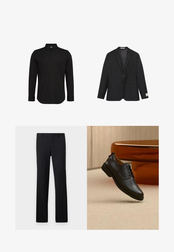 Schwarzer Zweiknopf-Blazer mit Kerbklappen, zwei aufgesetzten Taschen vorne und einer Brusttasche, auf weißem Hintergrund dargestellt.; Schwarzes Langarmhemd aus glattem Stoff, mit spitzem Kragen, Knopfleiste vorne und kleinem Logo auf der Brust.; Schwarze maßgeschneiderte Hose mit geradem Schnitt, scharfen Falten und glatter Oberfläche. Hergestellt aus leichtem Stoff mit einem sauberen Bund.; Schwarzer Lederschuh mit Schnürsenkeln, schwebend über hellem beigem Teppich positioniert, orangefarbener runder Tisch im Hintergrund.