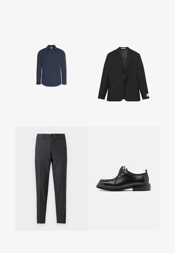 Zwarte tweeknoops blazer met inkeping revers, twee klepzakken aan de voorkant en een borstzak, getoond op een witte achtergrond.; Navyblauw hemd met lange mouwen, knopen, kraag en manchetten, met een Calvin Klein-label aan de binnenkant van de kraag.; Donkergrijze op maat gemaakte broek met voorste knoop en riemlussen, plat tegen een witte achtergrond weergegeven.; Calvin Klein LACE UP APRON BRUSH OFF - Veterschoenen - black