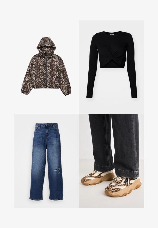 Afskåret leopardprint-jakke i nuancer af brun og beige, med hætte, lynlås lukning og elastiske manchetter og kant.; Sort cropped langærmet top lavet af blødt stof, med et snoet frontdesign og en rund halsudskæring, samt tætsiddende ærmer.; Bredde blå denim jeans med et slidt design, der har flosset kant og falmede sektioner, som giver en afslappet pasform og klassisk look.; Sneakers med leopardprint og mesh- og læderpaneler, tan-gummisål og kontrasterende sorte accenter. Båret med løstsiddende mørke jeans.
