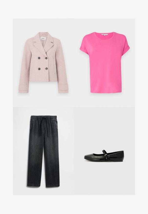 Kurze, rosafarbene Doppelreihjacke mit großen schwarzen Knöpfen, weitem Kragen und maßgeschneiderten Ärmeln. Hergestellt aus einem weichen, strukturierten Stoff.; Rosa T-Shirt mit kurzen Ärmeln und rundem Halsausschnitt, aus weichem Stoff gefertigt, mit umgeschlagenen Ärmeln und lässiger Passform.; Schwarze Jeanshose mit einem elastischen Bund und Kordelzug, weitem Bein und dezentem Used-Effekt. Mit zwei Seitentaschen.; Schwarze Leder-Ballerinas mit einer runden Spitze, einer flachen Sohle und einem dünnen, verstellbaren Riemen über dem Spann mit einer Metallschnalle.