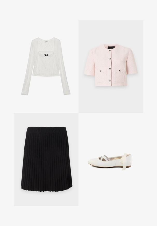 Veste texturée rose clair à manches courtes avec encolure ronde, boutons argentés sur le devant et deux poches à rabat avec fermeture par bouton.; Blouse blanche à manches longues en dentelle avec décolleté carré, bordure à volants et petit nœud noir au centre avant.; Jupe en tricot côtelé noire avec une large ceinture, présentant des plis verticaux et un ourlet évasé. Texture uniforme sur l'ensemble.; Ballerine blanche avec deux brides élastiques sur le dessus et un ruban noué au talon, avec une semelle plate marron clair.