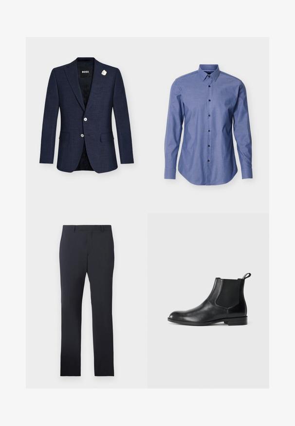 Blazer azul marino entallado con solapas con muesca, cierre de dos botones, bolsillos con solapa, forro interior negro y broche blanco en forma de flor en la solapa.; Camisa azul de manga larga con cuello puntiagudo y botones negros en la parte delantera, exhibida sobre un fondo blanco.; Pantalones formales de la marina confeccionados en tejido suave. Cuentan con un frente plano, trabillas para cinturón y bolsillos laterales, con un corte recto a medida.; Botín negro de cuero hasta el tobillo con paneles elásticos a los lados, punta redondeada y lengüeta. Textura suave, suela plana, diseño minimalista.