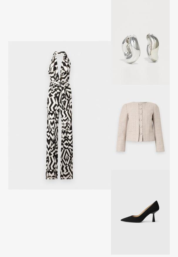 Beige tweed bleiser, millekaelusega, eesnuppe sulgemisega ja pikkade varrukatega. Omab tekstuurset mustrit ja peent läiget.; Mustvalge mustriga jumpsuit, millel on kinnituskaeluse disain, laiad sääred ja vööga talje, et lisada kuju ja detaile.; Must värvusest seemisnahast kõrged kontsad terava ninaosa ja läikiva musta plokknalaga, millel on sile sisemine vooder.; Hõbedased skulpturaalsed kõrvarõngad, millel on siledad, kaarekujulised vormid ja peegeldavad pinnad. Omavad suletud rõnga disaini ja eristuvat orgaanilist kuju.