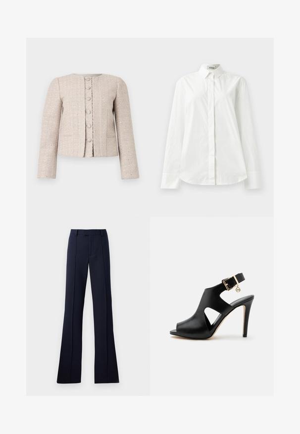Blazer en tweed beige à col rond, fermeture à boutons sur le devant et manches longues. Présente un motif texturé et un subtil éclat.; Chemise blanche en coton à manches longues avec un col pointu, fermeture à boutons sur le devant et ourlet arrondi. Texture lisse, coupe régulière et sans motifs.; Pantalons évasés bleu marine en tissu lisse. Présentent un devant plat, des passants de ceinture et des plis pressés. Aucun motif ni accent visible.; Sandale noire en cuir à talon haut avec bout ouvert, découpes latérales, bride à la cheville, boucle dorée et petit pendentif rond sur un fond clair.