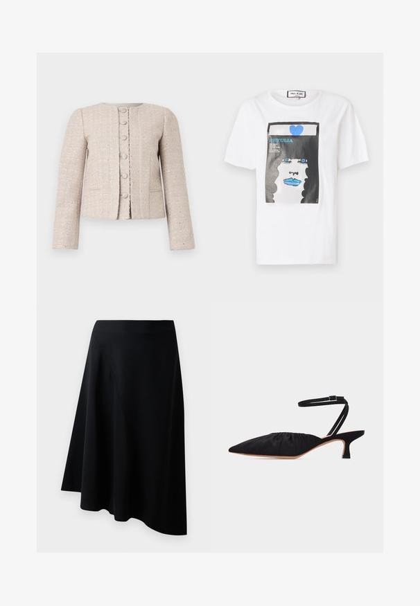 Beige tweed blazer med rund halsudskæring, frontknaplukning og lange ærmer. Har et tekstureret mønster og en subtil glans.; Hvid bomulds t-shirt med et grafisk print af et ansigt med blå læber og øjne, indrammet af en sort kant og detaljer i blå hjerte.; Sort A-linje nederdel lavet af glat materiale, med diagonale sømdetaljer og et flydende design, der hænger let ved sømmen.; Sort spids tå sko med lav hæl, rynket overdel og tynd ankelrem med spænde, vist i sideprofil på hvid baggrund.