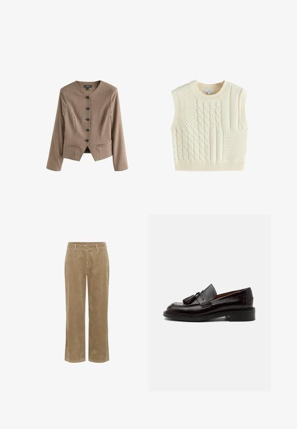 Brunternet blazer med lange ærmer, v-udskæring og seks sorte knapper. Har to forlommer og en skræddersyet pasform. Glat tekstur.; Kremfarvet strikket ærmeløs sweatervest med blandede flet- og strukturerede mønstre, ribbet halsudskæring og kant.; Beige kordfløjelbukser med bæltesløjfer, frontknap, lynlås og lige ben.; Mørkebrun læderloafer med duske, syningsdetaljer og en lav stablet hæl på en ensfarvet lys baggrund.