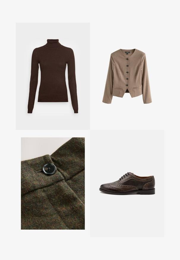 Brunternet blazer med lange ærmer, v-udskæring og seks sorte knapper. Har to forlommer og en skræddersyet pasform. Glat tekstur.; Vero Moda Tall VMHAPPINESS ROLLNECK - Striktrøje - coffee bean; Uldstof i mørkegrøn med flerfarvede prikker, med en sort lukning med fire knapper og syningsdetaljer.; Mørkebrun læder wingtip brogue sko med perforerede detaljer og ternede stofpaneler, sort sål og sorte snørebånd.