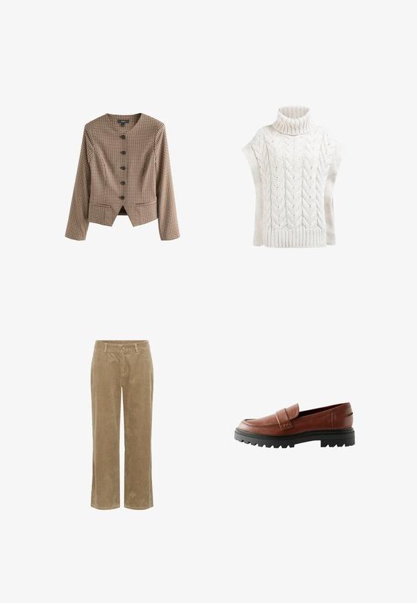 Braun kariertes Blazer mit langen Ärmeln, V-Ausschnitt und sechs schwarzen Knöpfen. Verfügt über zwei Fronttaschen und einen taillierten Schnitt. Glatte Textur.; Cremefarbener, kragenloser Pullover aus Kabelstrick mit kurzen Ärmeln und geripptem Saum. Merkmale sind das strukturierte Muster und Details mit offenen Maschen.; Beige Cordhosen mit Gürtelschlaufen, vorderem Knopf, Reißverschluss und geradem Bein. ; Braune Lederloafers mit einer erhöhten Zehenkappe, dekorativem Riemen und einer strukturierten schwarzen Gummisohle mit deutlich ausgeprägtem Profil.