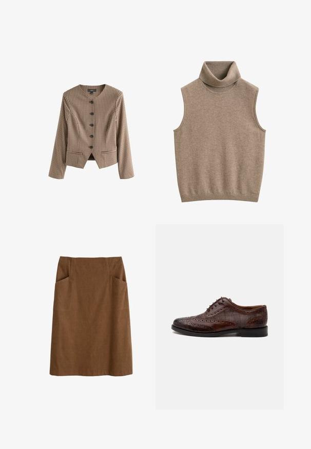 Bruine geblokte blazer met lange mouwen, v-hals en zes zwarte knopen. Bevat twee voorkruiszakken en heeft een nauwsluitende pasvorm. Soepele textuur.; Mouwloos beige gebreid coltrui-vestje met ribbelige hals en zoom, gemaakt van zachte stof.; Bruine katoen rok met een aansluitende taille, twee zijzakken en een rechte snit. De stof heeft een zachte textuur en een subtiele glans.; Bruine leren herenschoen met vleugelstuk, brogue-details en geruite stoffen zijpanelen, zijaanzicht op een witte achtergrond.