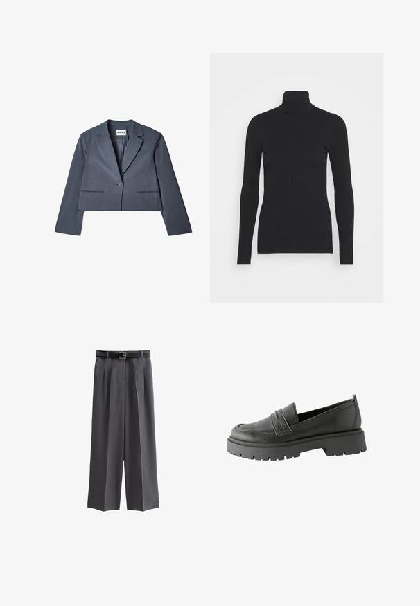 Skåret grå blazer lavet af glat stof, der har to forlommer, en enkelt knaplukning og en notched revers. Foring synlig indvendigt.; Sort ribbet rullekravesweater med lange ærmer og en tætsiddende silhuet. Teksturen er glat med et vandret ribmønster.; Grå brede bukser lavet af struktureret stof, med et sort bælte med en kvadratisk spænde og frontfolder. Lomme med enkel design er inkluderet.; Sorte læder loafers med en tekstureret overflade, fremtrædende syning og en tykk sort gummisåle med mønster.